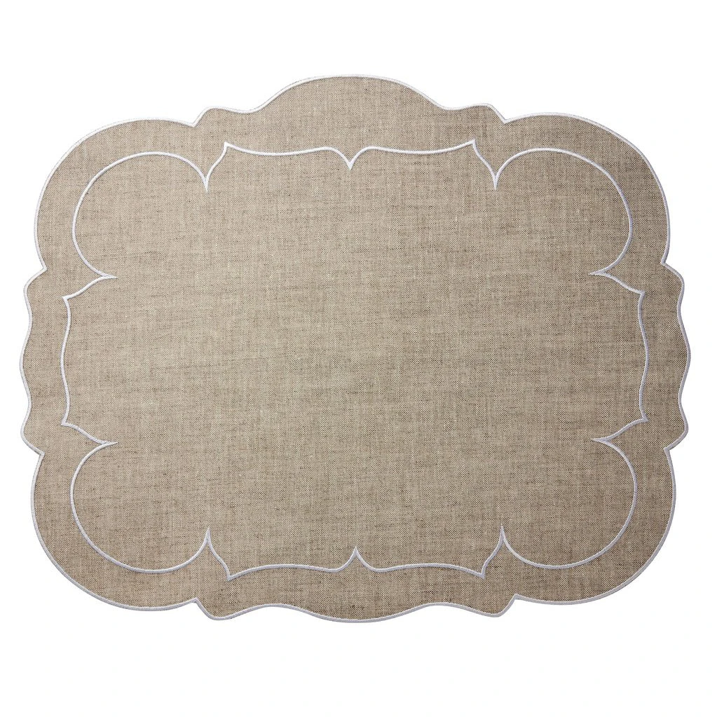 Linho Scalloped Rectangular Placemat In Dark Natural & White 3 Linho Scalloped Rectangular Placemat In Dark Natural & White