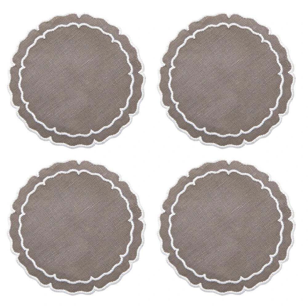 Linho Scalloped Round Coasters In Charcoal & White 3 Linho Scalloped Round Coasters In Charcoal & White