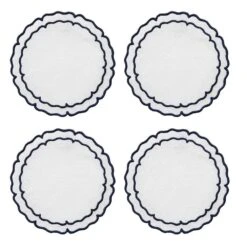 Linho Scalloped Round Coasters In White & Navy