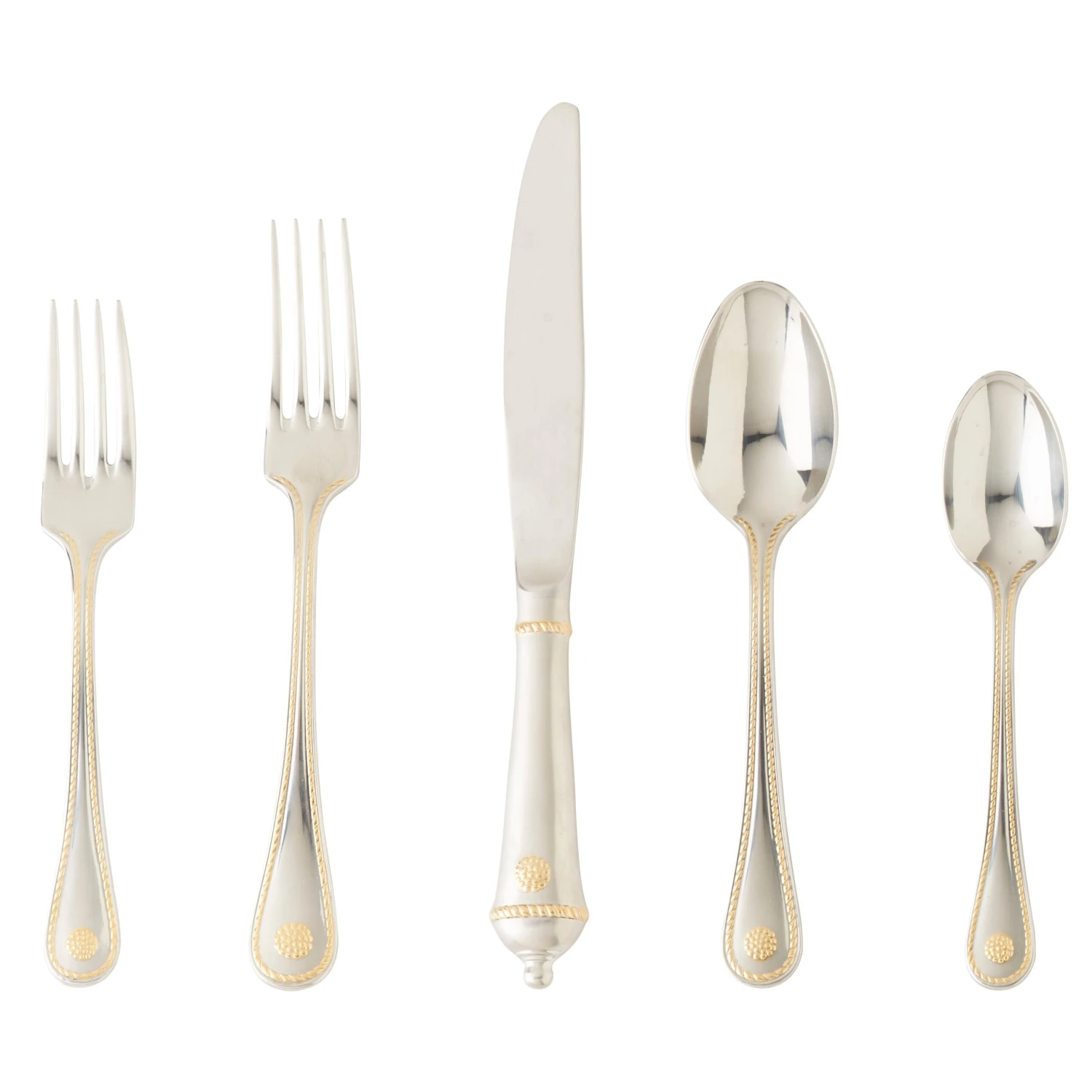 Juliska Berry & Thread Bright Satin W/ Gold Accents 5 Piece Flatware Set 3 Juliska Berry & Thread Bright Satin W/ Gold Accents 5 Piece Flatware Set
